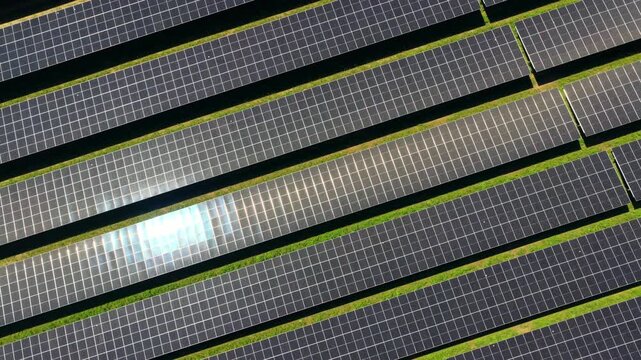 Solar Farm Aerial Rotating Zoom Out Diagonal Panels Landscape
