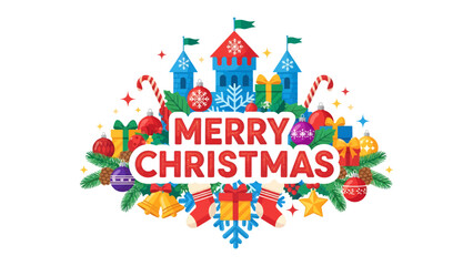 Naklejka premium Christmas Castle Celebration: A vibrant illustration depicts a festive Christmas scene, featuring a colorful castle adorned with holiday ornaments, surrounded by gifts, candy canes.