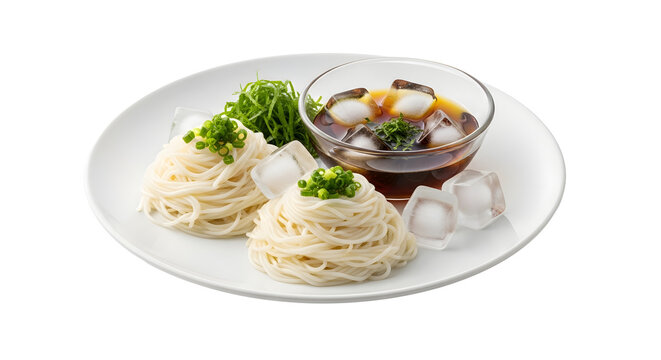 Refreshing cold somen noodles with dipping sauce and ice cubes on a white plate