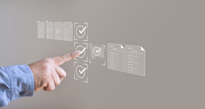 Digital compliance checklist interface with businessman managing corporate quality assurance, document verification workflow, and security standard approval system