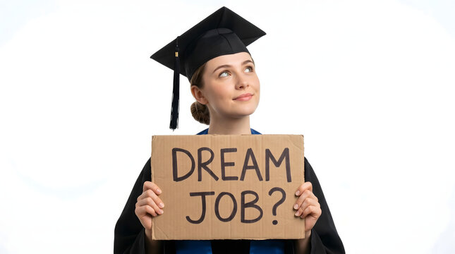 Graduate, dream job and student with cardboard sign for career, employment and recruitment. Woman, graduation cap and gown in studio with white background for future, hope and hiring searches