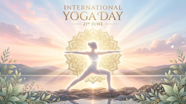 International yoga day poster with woman in meditation pose sitting against mandal sunset background