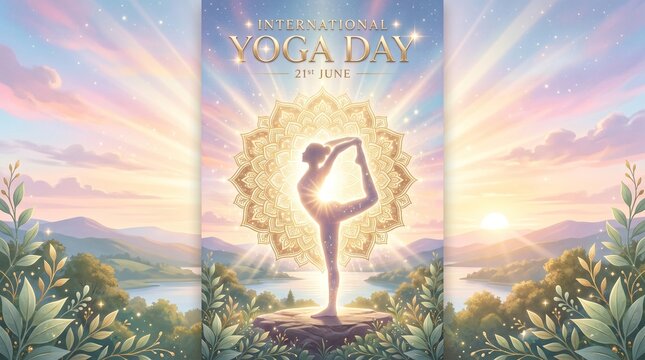 International yoga day poster with woman in meditation pose sitting against mandal sunset background