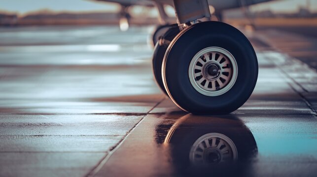 Aircraft wheel reflection on wet runway aviation photography airport environment ground level view reflection concept