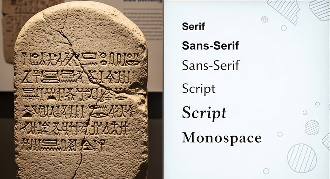 Ancient Stone Tablet with Hieroglyphs Contrasted with Modern Typography Examples.
