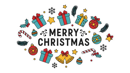 Naklejka premium Festive Merry Christmas Greeting: A colorful and whimsical arrangement of Christmas elements, including gifts, ornaments, candy canes, stars, snowflakes, and bells.