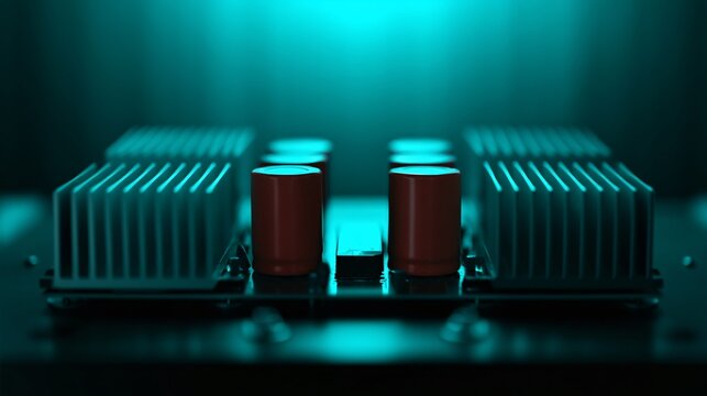 Ev power electronics module heat sinks and capacitors in a clean room environment close-up view