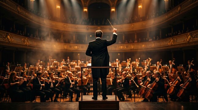 Conductor leads a full symphony orchestra onstage in a grand concert hall under warm theatrical lights. 
