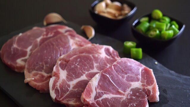 Raw pork chops with green onions and garlic on a black surface