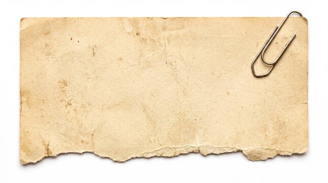 Old torn paper note with a metal paperclip