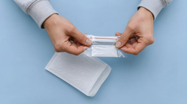 Drug, cocaine and hands with plastic bag for smuggling, addiction and criminal activity. Person, narcotic and illicit substance with envelope for law enforcement, crime and legal issues report