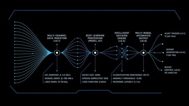 Animation of digital AI data pipeline network illuminating ingestion and machine learning processing on a deep black background