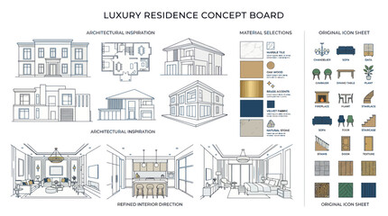 Naklejka premium Luxury Residence Concept Board: Architecture, Materials, and Interior Design Ideas