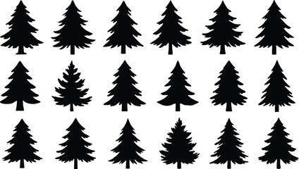 Obraz premium Assortment of Black Pine Tree Silhouettes in a Grid Layout evergreen