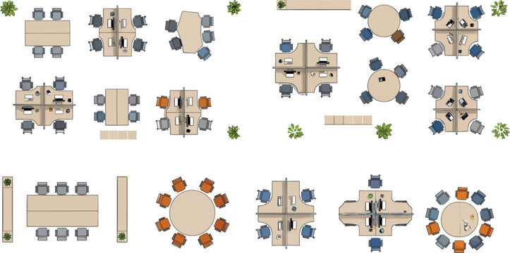 Office furniture top view set with desks chairs and tables for architectural floor plan design in vector illustration format