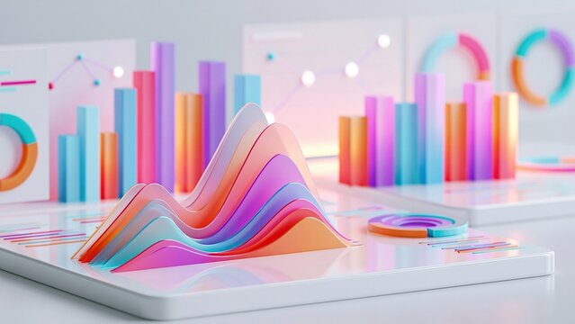 Abstract 3D bar charts and graph on desk with colorful charts
