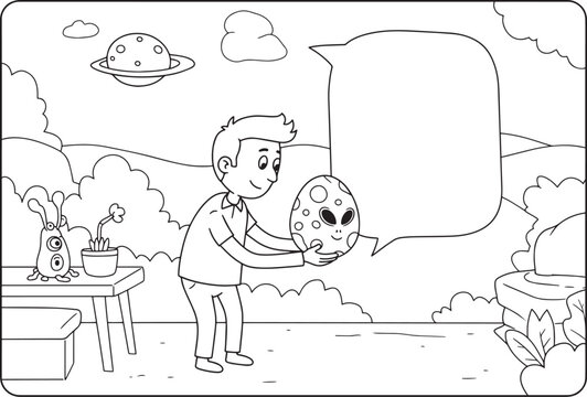 Boy holding alien egg with alien face in a cartoon illustration.