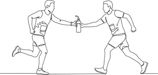Fototapeta premium Two runners exchanging a water bottle during a marathon race.