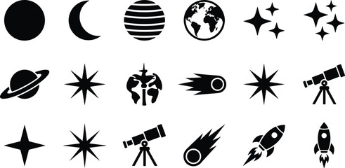 Space and astronomy icons set with planets moon rocket ship comet stars and professional telescope equipment. © Emongrapic