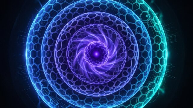 Futuristic Sci-Fi Reactor Core with Glowing Hexagonal Grid and Violet Energy Sphere
