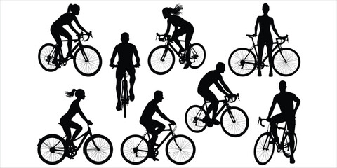 Fototapeta premium Diverse group of cyclists in silhouette on white background Keywords: cycling, bicycle, cyclist, silhouette, sport, recreation
