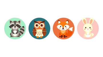 Naklejka premium Cute woodland animal avatar icons with raccoon, owl, fox, and rabbit illustrations set