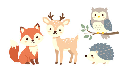 Fototapeta premium Adorable illustration of woodland creatures including a fox, deer, owl, and hedgehog