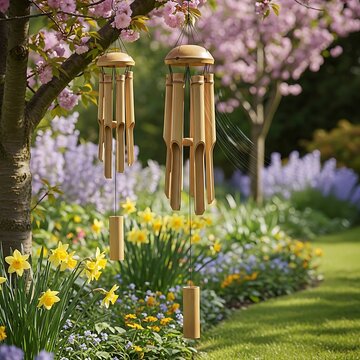 Bamboo wind chimes hanging in a beautiful blooming spring garden with daffodils and cherry blossoms.