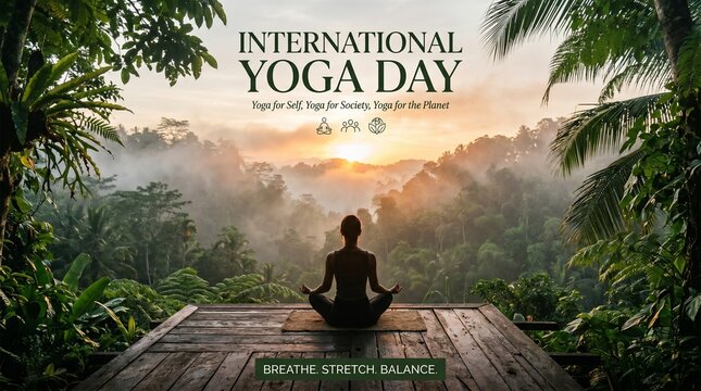 International Yoga Day poster with silhouette of woman meditating in nature