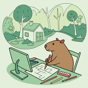 Capybara architect drawing house plans with computer and pencils in front of a house drawing board in the vicinity bona fide capybara architect computer blueprint architecture residence