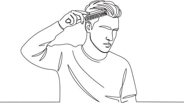 Man Combing Hair - A Simple Line Drawing Depicting Grooming.