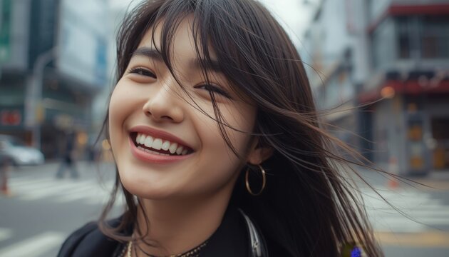There is a woman that is smiling while standing on the street