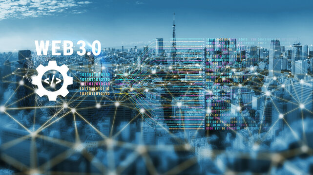 The concept of Web 3.0 development and decentralized data processing. The flow of binary code and information in the next generation internet. Motif