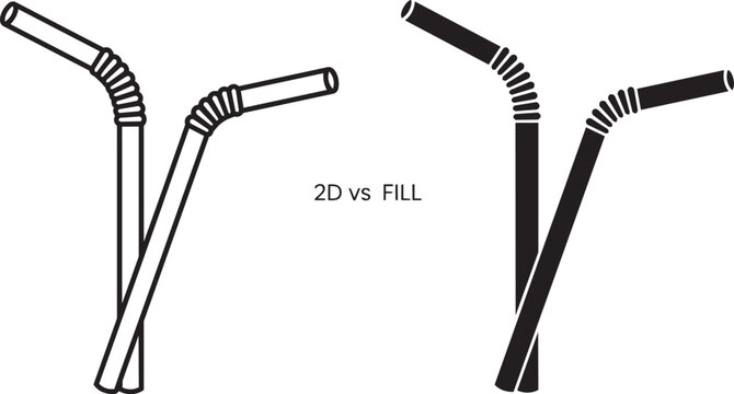 Flexible drinking straw vector icons, black outline and solid fill beverage straws, 2D minimalist plastic straw set for cafe and bar menus