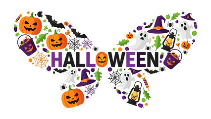 Fototapeta premium Halloween Butterfly Collage: A whimsical collage in the shape of a butterfly, featuring classic Halloween motifs like pumpkins, ghosts, bats, and witch hats, spells out HALLOWEEN in festive lettering.