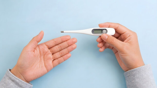 Digital thermometer, health and medical check with hands for fever, wellness and illness. Person, electronic and temperature for screening, clinical tool and body care for flu treatment or sickness.