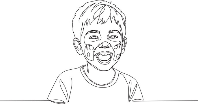 Joyful child with painted face, smiling widely, line art illustration.