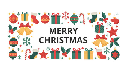 Fototapeta premium Festive Christmas Frame: A cheerful arrangement of Christmas ornaments, gift boxes, stockings, candy canes, bells, and snowflakes surrounds the text Merry Christmas, creating a festive holiday border.