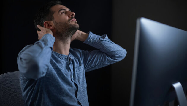 There is a man sitting in front of a computer with his hands on his neck