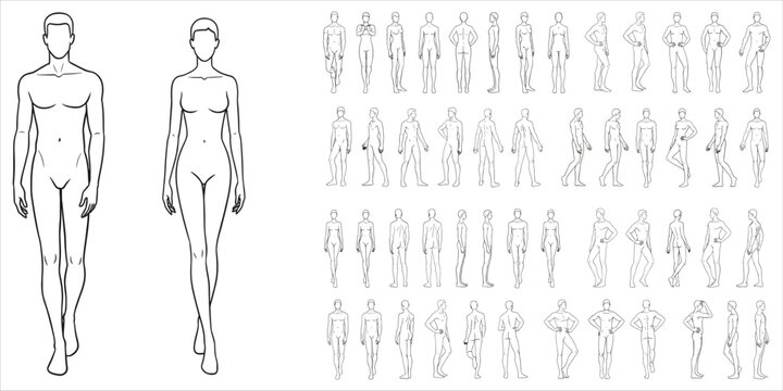 Fashion Figure Templates and Poses Male and Female Line Drawings Keywords: fashion, figure, template, male, female, man, woman