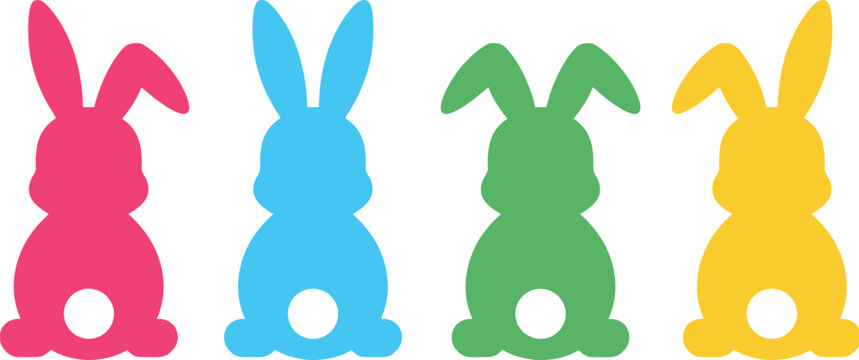 Four colorful bunny silhouettes with white oval tails on white background Keywords: silhouette, bunny, rabbit, easter, colorful