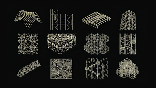 Collection of complex geometric wireframe textures and structural patterns in monochrome line art style with wireframe geometric abstract structure engineering technical monochrome