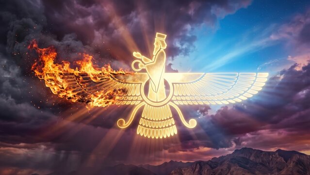 Farohar Symbol and Sacred Fire &ndash; Spiritual Double Exposure Art