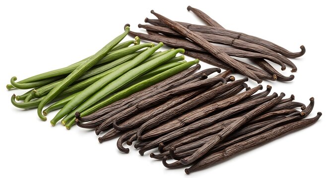 Fresh green vanilla beans and dried black vanilla pods arranged in small groups. rare fragrance bundles
