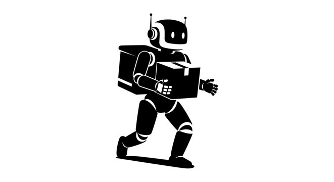 Black robot walking and carrying a box