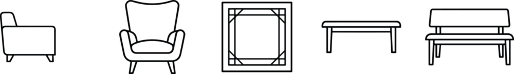 Fototapeta premium Vector line icons of outdoor seating and tables for architectural planning and landscape design projects.