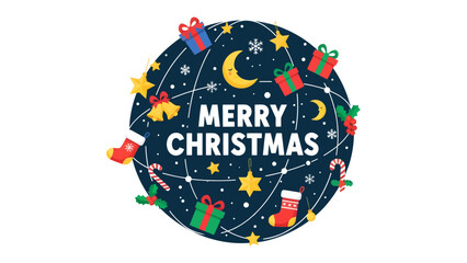 Fototapeta premium Merry Christmas Global Greeting: A festive circular design encapsulating the spirit of Christmas with global elements like a crescent moon and stars, adorned with presents, stockings, bells.