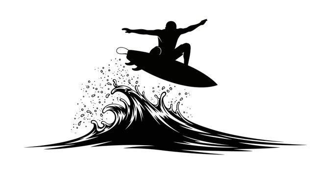 Black silhouette of surfer riding wave on surfboard