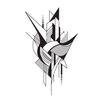 Abstract geometric line art vector with sharp angles and curved shapes for modern tattoo design or graphic element