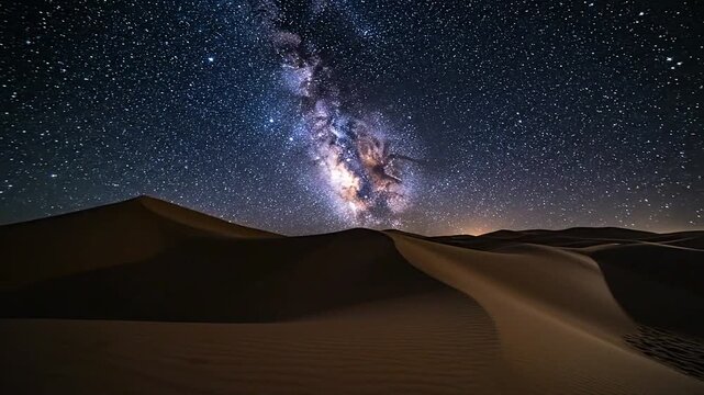 Celestial Spectacle Over Arid Dunes The Milky Way's Grand Luminescence Graces a Vast Desert Landscape Under a Starry Night Sky Evoking Cosmic Wonder and Solitude. UHD Ultra HD High ResolutionTime-laps